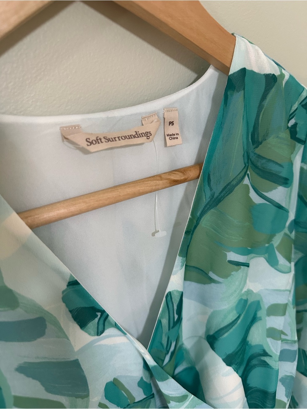 Soft Surroundings Teal and Green Leaf-Print Wrap Dress - Picture 5 of 9